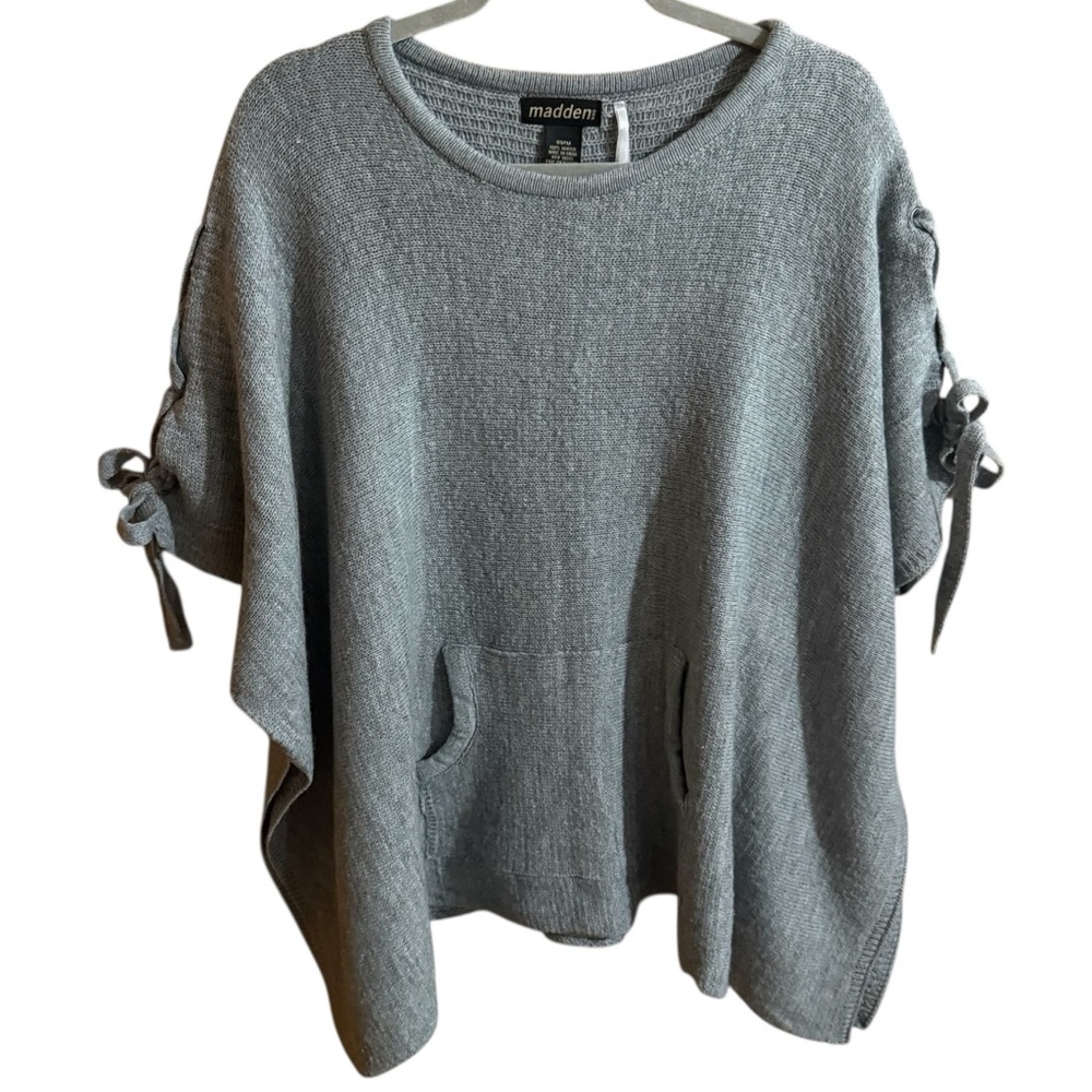Gray Women's Sweater Poncho with Braided Tie Bow Details at Shoulders
